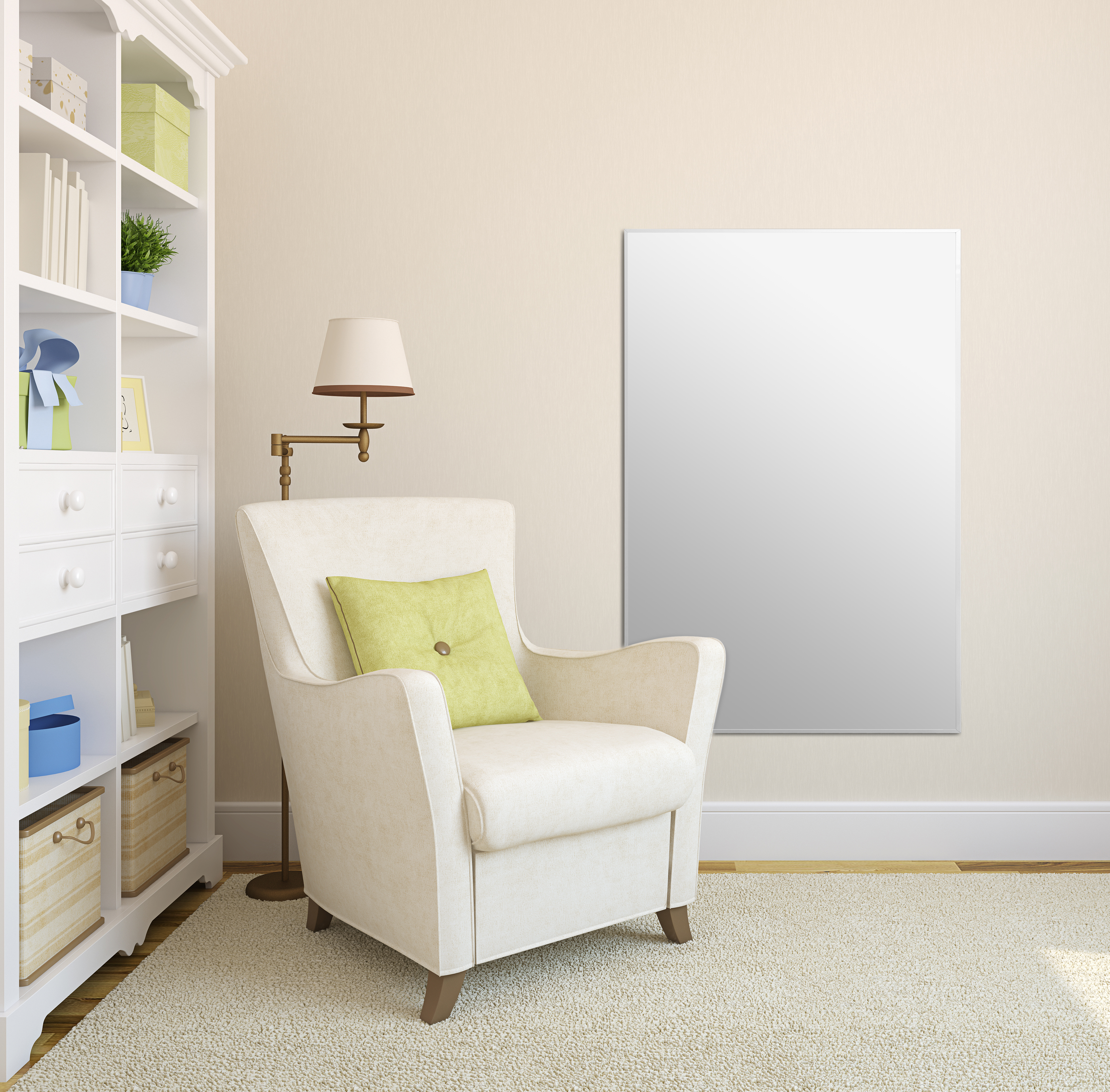 Modern interior with bookcase and armchair near beige empty wall.3d render.